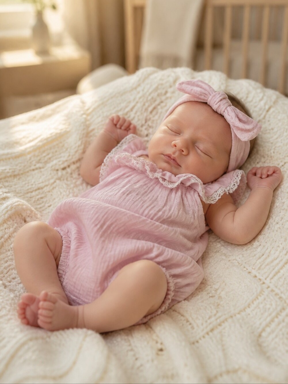 Pink Baby Girl Romper Headband 0-3M Summer Outfit 1pc Cotton Crepe Lace Ruffle